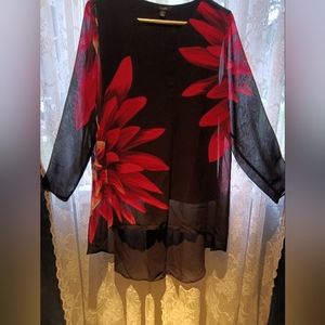 Alfani long layered sheer blouse with flower prints and solid black tank top
